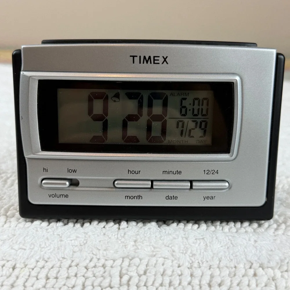Timex Digital Alarm Clock Silver Black LCD Display Snooze Light T121B